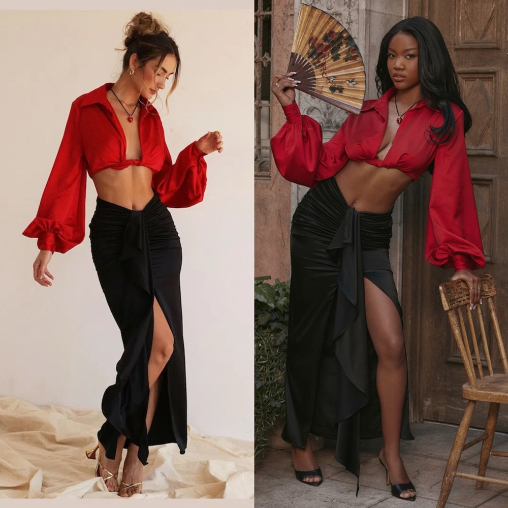 HOUSE OF CB 'Arla' & ‘Laraine’ Black Draped Silk Maxi Skirt and Cherry Silk Top♡